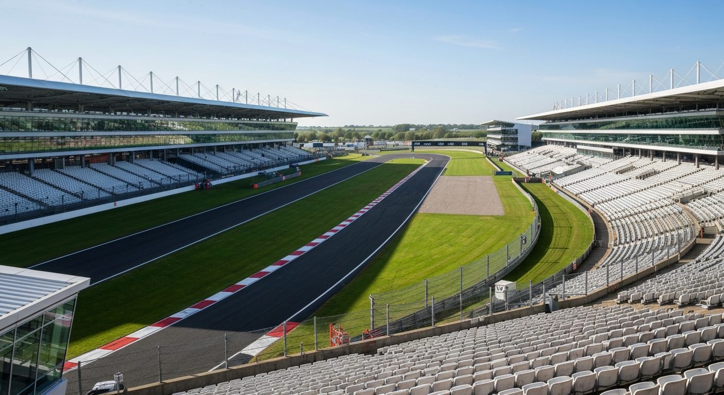 Silverstone grandstand and pit straight on a British Grand Prix weekend
