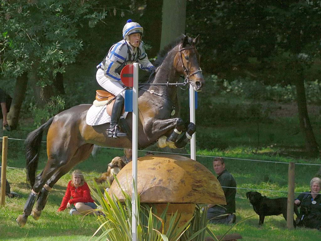 Andrew Hoy and Master Monarch jumping the mushrooms at Coutts Curve during the cross-country phase of the Burghley Horse Trials